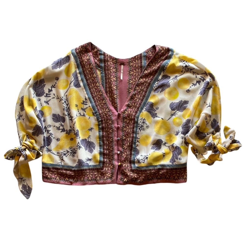 Free People Size XS Boho Button Up Lemon Print Bow Top Blouse Nice